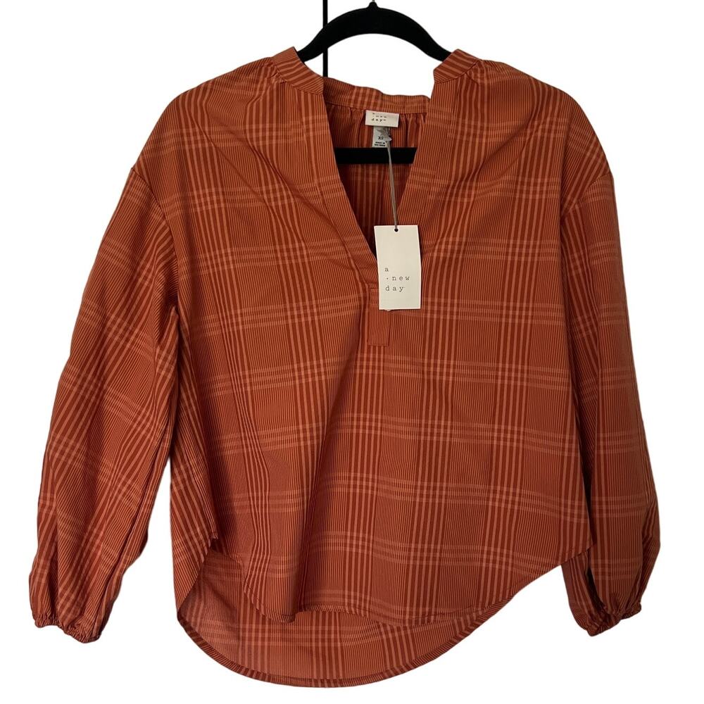 A New Day Women's Rust Print Long Sleeve Popover Shirt - Size XS - NWT